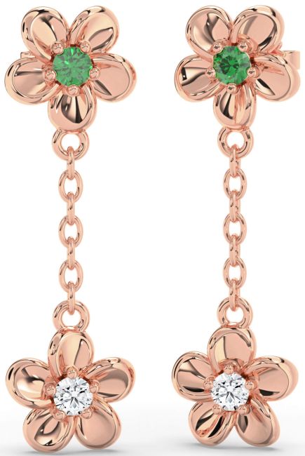 Emerald Rose Gold Flower Dangle Earrings