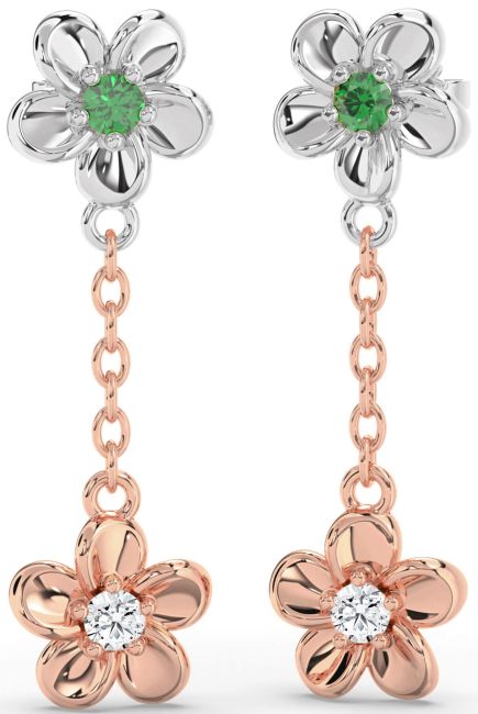 Emerald White Rose Gold Flower Dangle Earrings