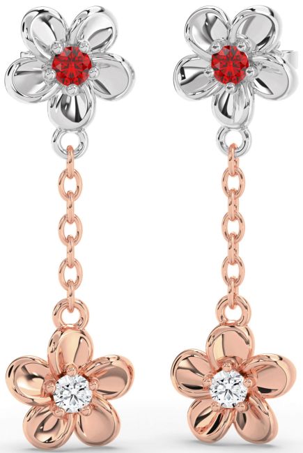 Ruby White Rose Gold Flower Dangle Earrings