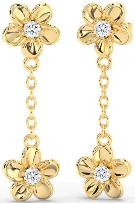 Diamond Gold Flower Dangle Earrings