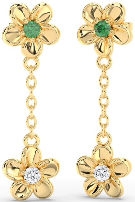 Emerald Gold Flower Dangle Earrings