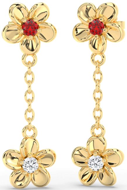Ruby Gold Flower Dangle Earrings