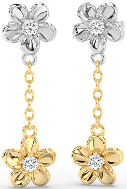 Diamond Gold Silver Flower Dangle Earrings