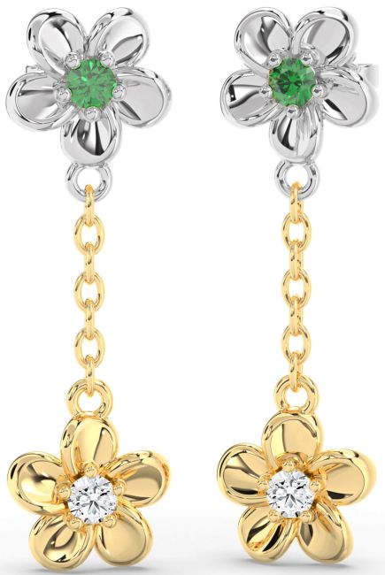 Emerald White Yellow Gold Flower Dangle Earrings