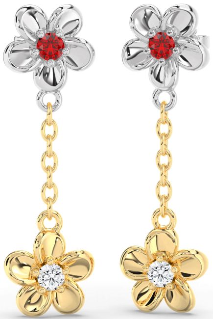 Ruby Platinum & Yellow Gold Flower Dangle Earrings