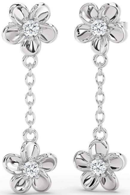 Diamond Platinum Flower Dangle Earrings