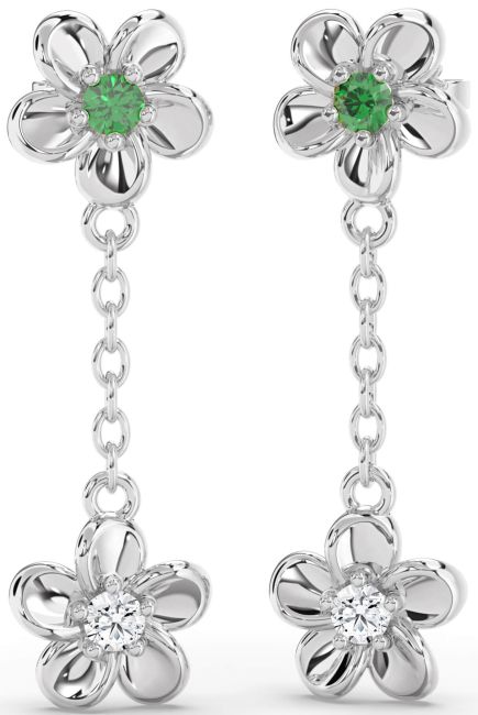 Emerald Platinum Flower Dangle Earrings