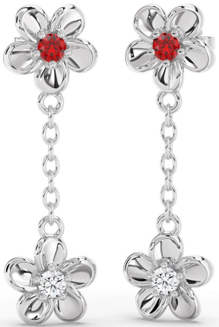 Ruby Silver Flower Dangle Earrings