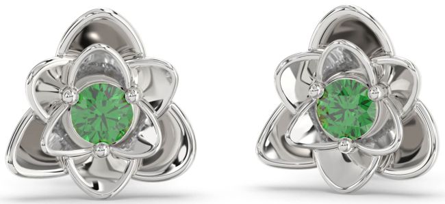 Emerald Silver Flower Stud Earrings