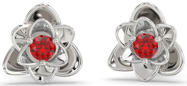 Ruby Silver Flower Stud Earrings
