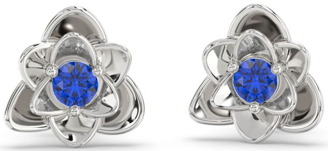 Blue Sapphire Silver Flower Stud Earrings