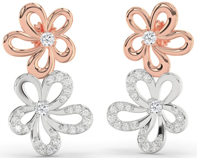 Diamond Rose Gold Silver Flower Dangle Earrings