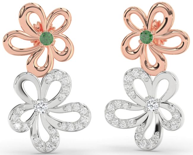 Diamond Emerald Platinum & Rose Gold Flower Dangle Earrings