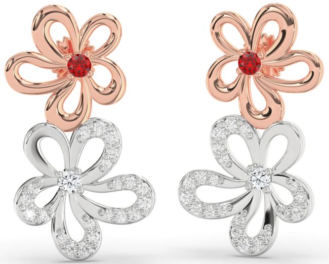 Diamond Ruby White Rose Gold Flower Dangle Earrings