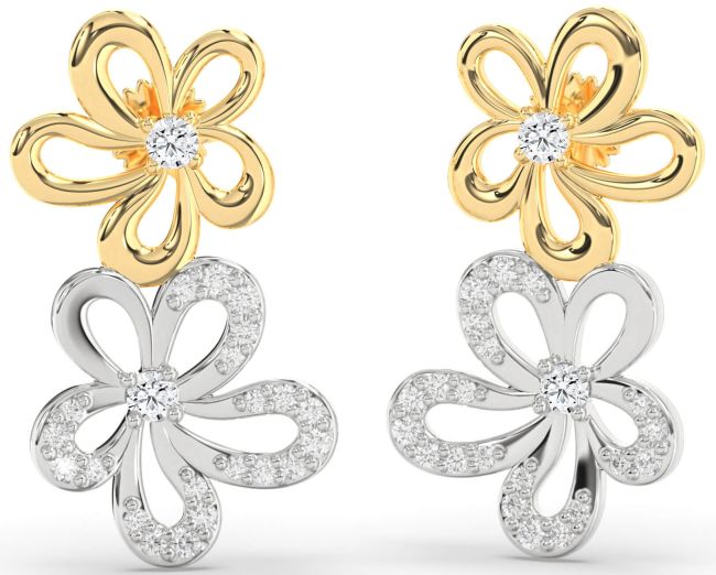 Diamond Gold Silver Flower Dangle Earrings