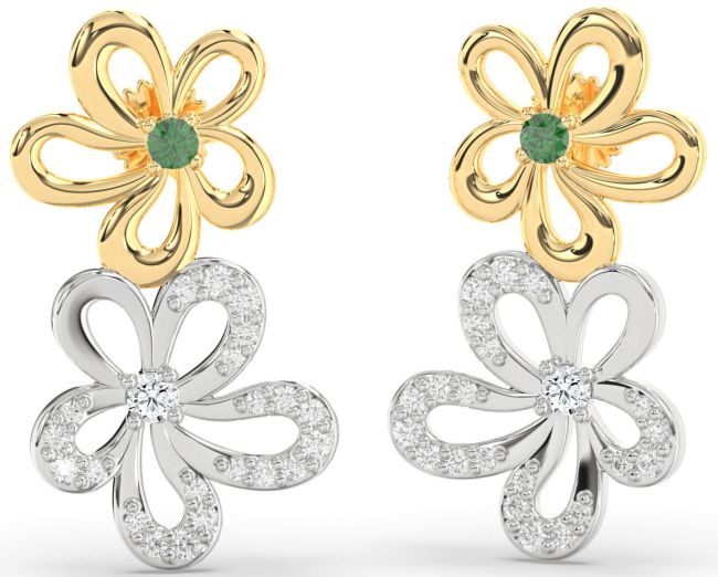 Diamond Emerald White Yellow Gold Flower Dangle Earrings