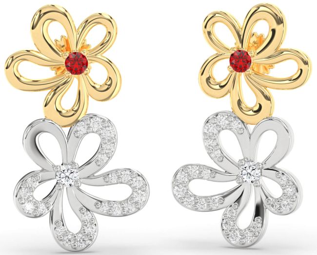 Diamond Ruby Gold Silver Flower Dangle Earrings