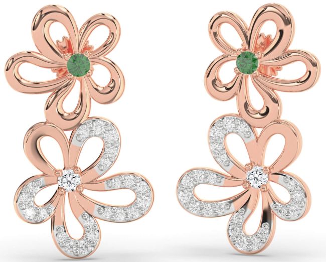 Diamond Emerald Rose Gold Flower Dangle Earrings