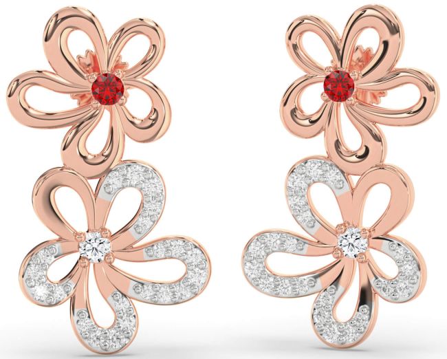 Diamond Ruby Rose Gold Silver Flower Dangle Earrings