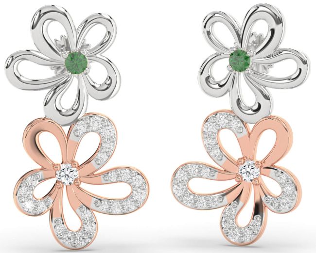 Diamond Emerald Rose Gold Silver Flower Dangle Earrings