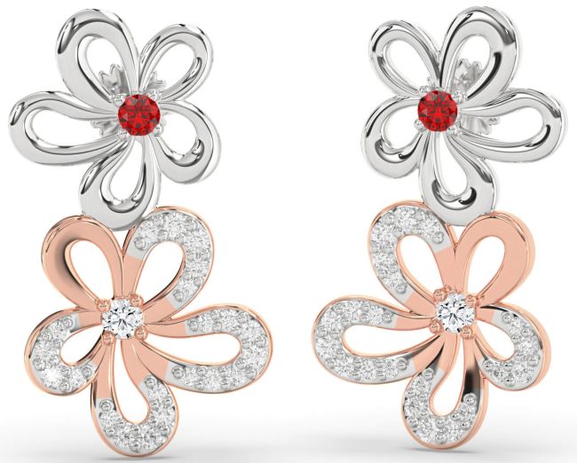 Diamond Ruby White Rose Gold Flower Dangle Earrings