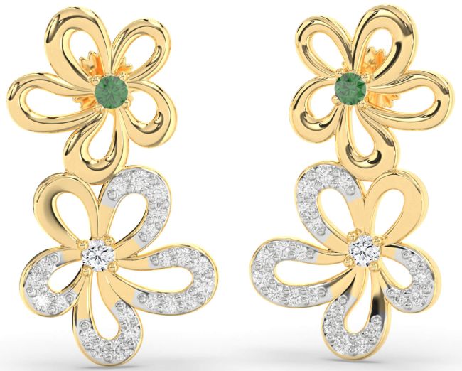 Diamond Emerald Gold Flower Dangle Earrings