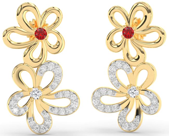 Diamond Ruby Gold Silver Flower Dangle Earrings