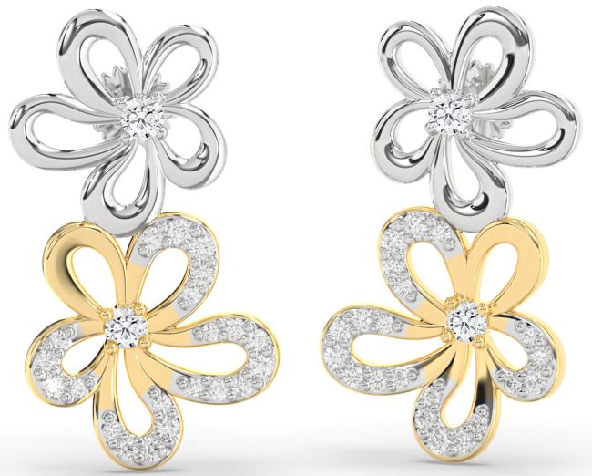 Diamond Gold Silver Flower Dangle Earrings