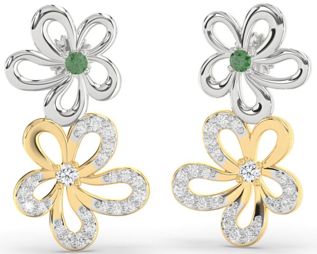 Diamond Emerald White Yellow Gold Flower Dangle Earrings