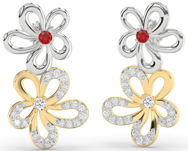 Diamond Ruby Platinum & Yellow Gold Flower Dangle Earrings
