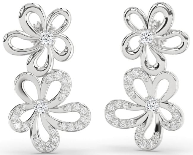 Diamond Silver Flower Dangle Earrings