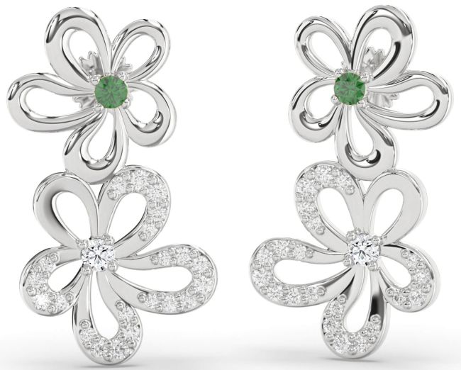 Diamond Emerald White Gold Flower Dangle Earrings