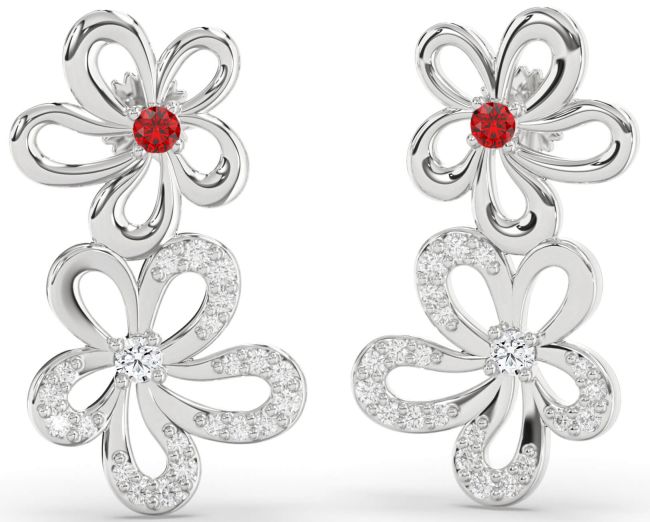 Diamond Ruby Silver Flower Dangle Earrings