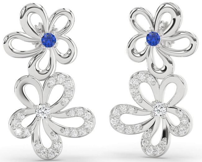 Diamond Blue Sapphire Silver Flower Dangle Earrings
