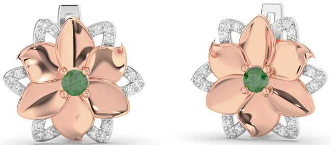Diamond Emerald White Rose Gold Flower Stud Earrings