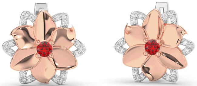Diamond Ruby White Rose Gold Flower Stud Earrings