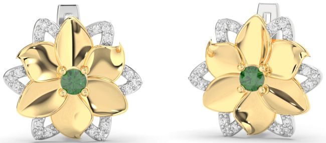 Diamond Emerald Gold Silver Flower Stud Earrings