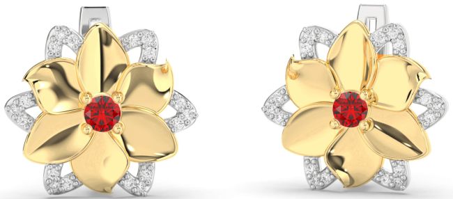 Diamond Ruby Silver & 10K gold Flower Stud Earrings