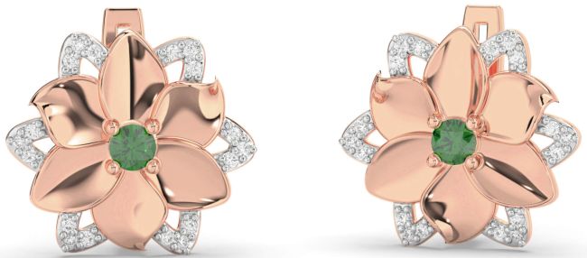 Diamond Emerald Rose Gold Flower Stud Earrings