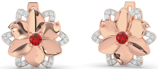 Diamond Ruby Rose Gold Flower Stud Earrings
