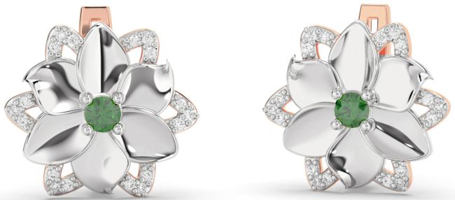 Diamond Emerald White Rose Gold Flower Stud Earrings