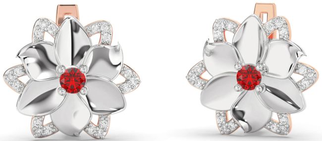 Diamond Ruby Rose Gold Silver Flower Stud Earrings