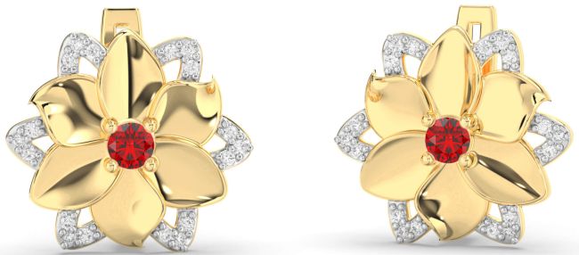 Diamond Ruby Gold Flower Stud Earrings
