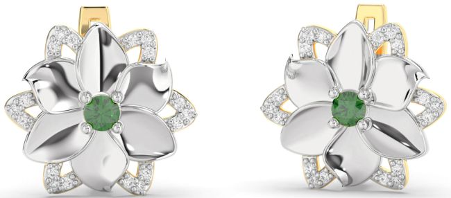 Diamond Emerald White Yellow Gold Flower Stud Earrings