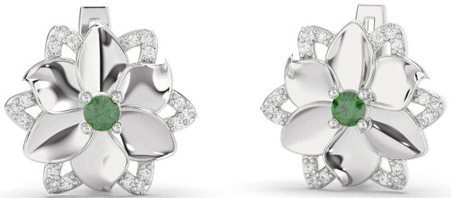 Diamond Emerald White Gold Flower Stud Earrings