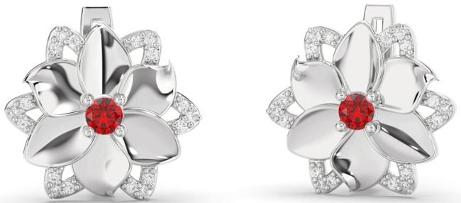 Diamond Ruby Platinum Flower Stud Earrings