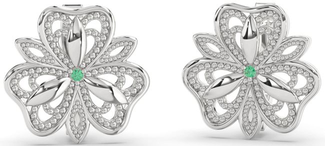 Emerald Platinum Shamrock Irish Stud Earrings