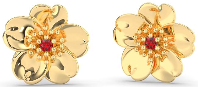 Ruby Gold Silver Flower Stud Earrings