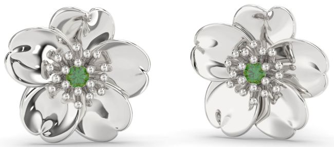 Emerald Platinum Flower Stud Earrings