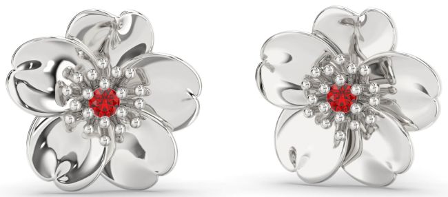 Ruby Silver Flower Stud Earrings